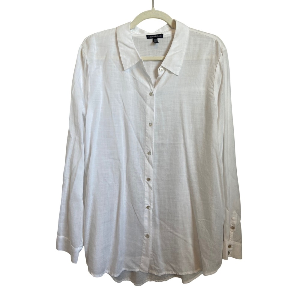 Eileen Fisher White Tencel Lyocell Slub Button Down‎ Shirt Large Long Sleeve